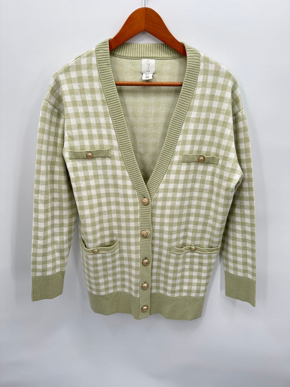 JOIE Green White Gingham Plaid V Neck Cardigan with Gold Buttons // S